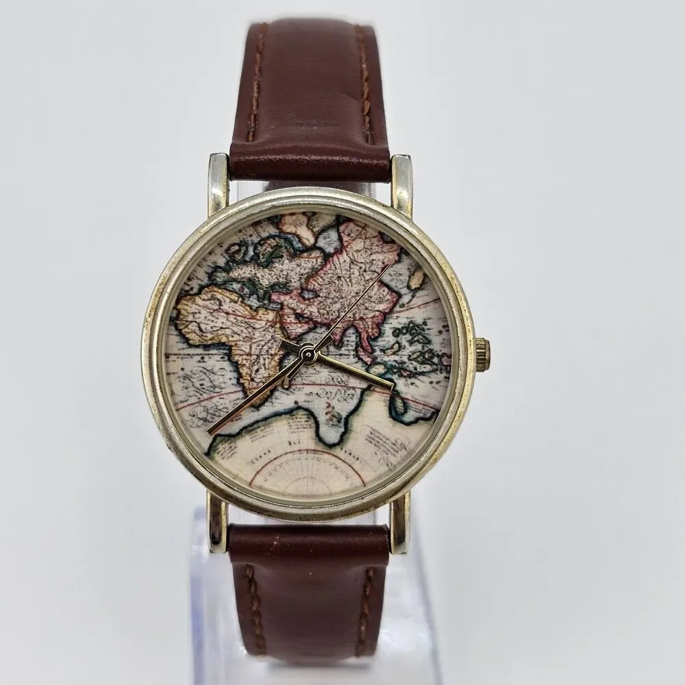 Women's World Map Watch Africa Europe‎ Asia 34MM Brown Leather Bands New Battery